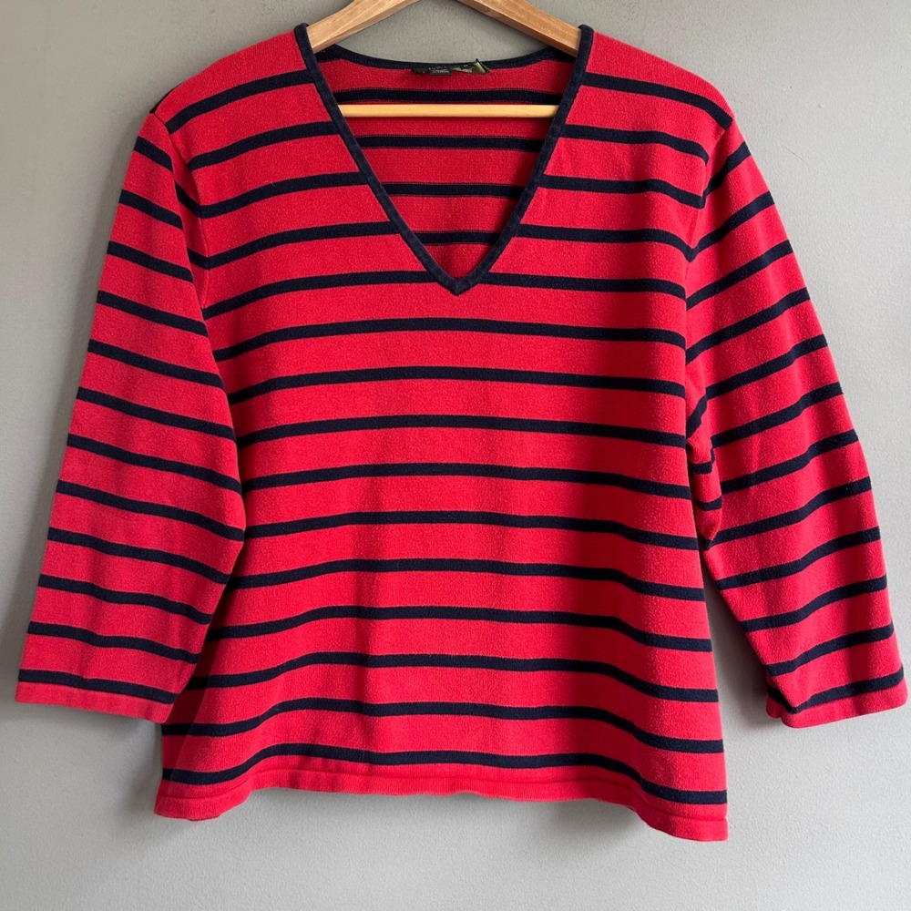 Lauren Ralph Lauren Red Navy Blue Striped V-Neck 3/4 Sleeve Knit Top 2X